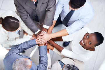 Image showing Business people, team and huddle for hands in pile, community and support or unity. Colleagues, portrait and agreement in collaboration or alliance in workplace, solidarity and above for cooperation