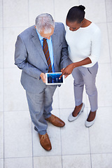 Image showing Businessman, black woman and employees with tablet in office for internet, email and planning for business meeting. Manager, assistant and team with diversity from above view with digital pad