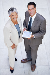 Image showing High angle of tablet, company and portrait with smile, employee and entrepreneur. Man, woman and corporate for business, discussion and meeting for online enterprise or accounting firm and agency