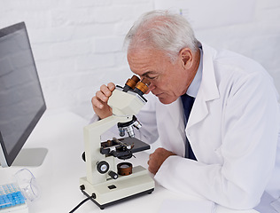 Image showing Scientist, microscope and medical research in lab for vaccine study, development or pharmaceutical innovation. Mature man, experiment and biotechnology for dna, growth or test for bacteria science