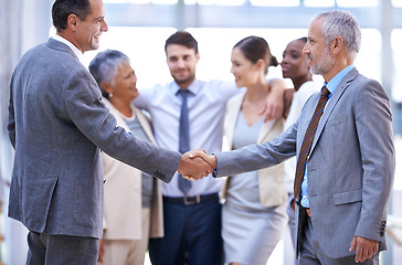 Image showing Business people, CEO or shaking hands for deal, b2b collaboration or teamwork in office. Handshake, partnership or proud employee in corporate agreement with meeting success, welcome or thank you