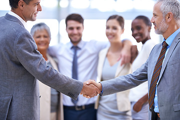 Image showing Happy business people, CEO or shaking hands for recruitment, collaboration or teamwork. Handshake, partnership or employee in corporate agreement with meeting success, welcome or office thank you