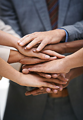Image showing Hand, teamwork and business people in support with solidarity, collaboration and partnership trust closeup. Team building, community and employees zoom with diversity, commitment and goal motivation