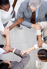 Image showing Business people, top view and arm circle in office in support for teamwork, collaboration or partnership. Corporate, solidarity or team with elbow link for mission unity, trust or workflow efficiency