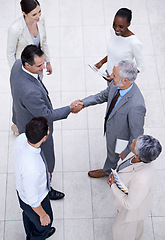 Image showing Team, handshake and happy business people with CEO for deal, collaboration or partnership agreement for diverse financial advisors. Top view, shaking hands and group in office meeting for acquisition