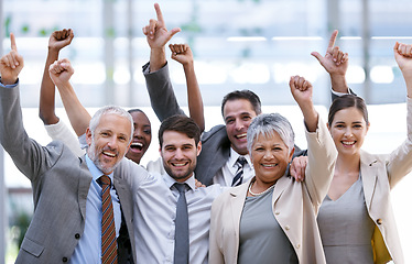 Image showing Happy business people, portrait or cheers for winning with collaboration target, success or teamwork. Hands up, profit bonus or excited employees in corporate with group, welcome or goal achievement