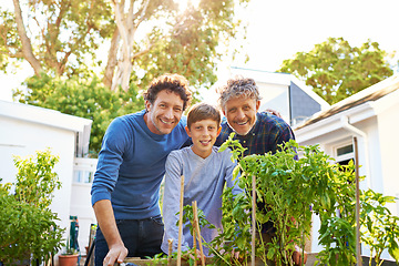 Image showing Boy, father and grandfather in gardening portrait with smile, support and outdoor bonding together. Men, family and face of happy child with generations in backyard for legacy, weekend and plants