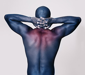 Image showing Man, back and neck pain with body, red glow for injury and muscle, tension or pressure on white background. Spine, bruise or strain with fitness, overlay for anatomy and burnout with ache in studio