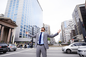 Image showing Businessman, city and street with happy, celebration and freedom for corporate ambition. Man, cape town and excited with goals, success and joy for startup target and professional worker with career