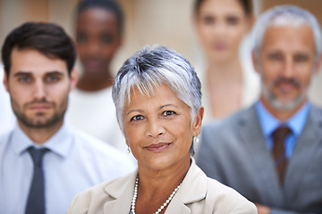 Image showing Portrait, group and business people with woman CEO, confidence and solidarity at startup. Community, professional men and women together in office with leadership, pride and mature manager with team