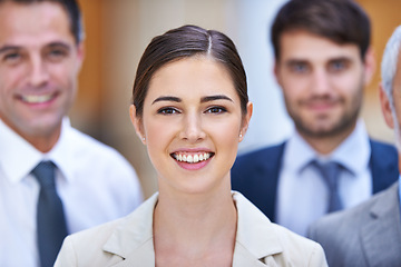 Image showing Portrait, opportunity and group of business people with woman, confidence and leadership at startup. Community, professional men and women together in office with team, pride and happy female manager