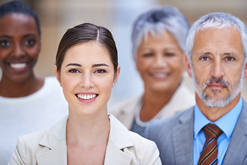 Image showing Portrait, smile and group of business people with manager, confidence and solidarity at startup. Community, professional men and women together in office with teamwork, pride and happy leadership