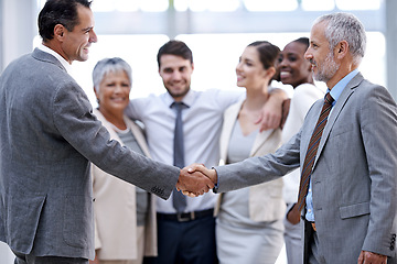 Image showing Business people, boss or shaking hands for deal, b2b collaboration or teamwork in office. Handshake, partnership or proud employee in corporate agreement with meeting success, welcome or thank you