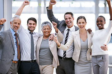 Image showing Happy business people, portrait or cheers for winning with collaboration target, goals or teamwork. Hands up, profit bonus or excited employees in corporate with group success, welcome or achievement