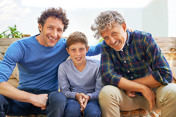 Image showing Boy, father and grandfather in portrait in garden with smile, support and outdoor bonding together. Men, family and face of happy child with generations in backyard for legacy, weekend and plants