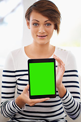 Image showing Woman, portrait and tablet green screen for presentation, information and marketing of website at home. Young and casual person with digital technology, mockup and space for internet, FAQ or blog