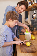 Image showing Father, child and fruit for lemonade in home for nutrition on kitchen counter for breakfast, beverage or diet. Male person, son and juicer tool in apartment or fresh citrus, vitamin c or gut health