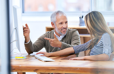 Image showing Business people, communication and collaboration by computer in office and progress on company proposal. Man, woman and discussion of online research for project management and teamwork by desktop