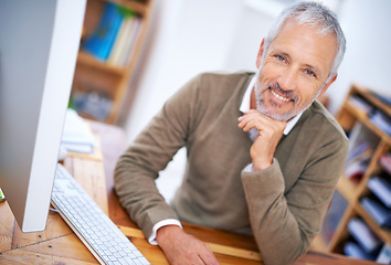 Image showing Businessman, mature and portrait with smile, computer and desk or workspace. Ceo, management and startup for accounting, administration and corporate with happiness for professional career or job