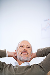 Image showing Businessman, mature and idea with smile, low angle and roof of workspace or office. Ceo, management and startup for accounting, administration and corporate with happiness for professional career