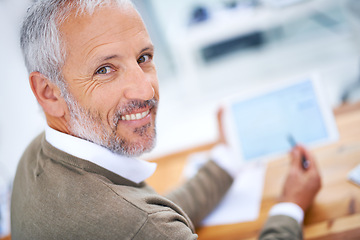 Image showing Businessman, mature and portrait with smile, tablet and desk or workspace. Ceo, management and startup for accounting, administration and corporate with happiness for professional career or job