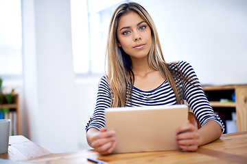 Image showing Portrait, businesswoman and tablet at office desk for online browsing, internet or website for creative project. Professional, technology and female person for search, planning or connection