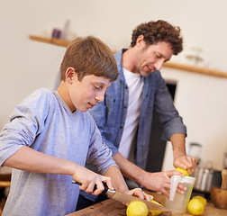 Image showing Father, child and lemon fruit in kitchen for lemonade nutrition for breakfast drink, beverage or wellbeing. Male person, son and juicer equipment in apartment or fresh citrus, vitamin c or gut health