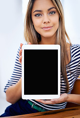 Image showing Portrait, tablet screen and business woman showing mockup space on table in startup for marketing. Face, display and person with technology for advertising, information or promo of creative designer