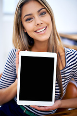 Image showing Portrait, tablet screen and happy business woman showing mockup space on desk in startup for marketing. Face, display and person with technology for advertising, info or promo of creative designer