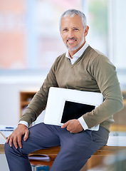 Image showing Senior, businessman and portrait with technology at desk with confidence, experience and smile in office. Entrepreneur, face or ceo at workspace with tablet for corporate career or company management