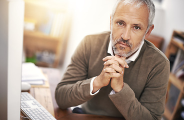 Image showing Businessman, mature and portrait with plans, computer and desk or workspace. Ceo, management and startup for accounting, administration and corporate with thinking for professional career or job