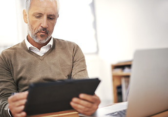 Image showing Businessman, mature and tablet with office, computer and desk or workspace. Ceo, management and startup for accounting, administration and corporate with happiness for professional career or job