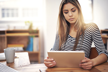 Image showing Tablet, planning and business woman in office reading creative information on internet. Coffee, research and professional female designer working on project with digital technology in workplace.