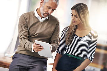 Image showing Tablet, mentor and man with intern of business, teamwork or collaboration for creative work. Company, male person and woman with smile for job as art director with manager of workplace and digital