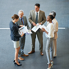 Image showing Documents, group or business people in meeting for report, agenda discussion or portfolio in workplace. Project, teamwork and workers planning in office talking, conversation or speaking of paperwork