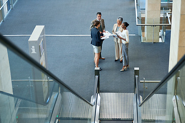 Image showing Teamwork, group or business people in meeting for report, agenda discussion or portfolio in workplace. Project, documents and workers planning in office talking, conversation or speaking of paperwork