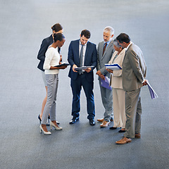 Image showing Business people, paperwork and lawyers discussion in office, planning and documents for strategy. Colleagues, workplace and communication in firm for problem solving, solution and team for research