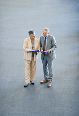 Image showing Business people, paperwork and seniors in discussion, planning and documents in office. Colleagues, workplace and communication in firm for problem solving, solution and management for research