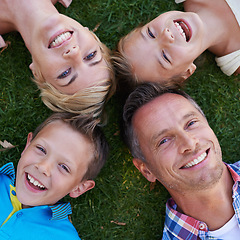 Image showing Parents, children and portrait on grass from above or family holiday or travel destination, environment or happiness. Men, woman and siblings in backyard for summer bonding in Australia, kids or love