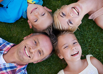 Image showing Parents, children and portrait on grass as family for holiday fun or traveling destination, environment or above. Men, woman and siblings in backyard for summer bonding in Australia, kids or love