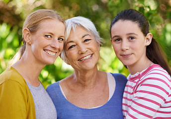 Image showing Portrait, women or girl as family, support or visit to relax as happy, bonding or together. Grandma, mother or female kid as smile, sunshine or retirement in garden on morning summer day in Dublin