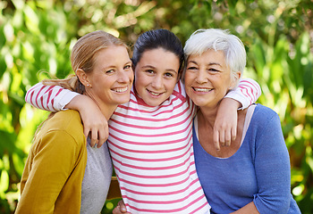 Image showing Outdoor, mother and grandmother in portrait with child in park on summer, holiday or hug on vacation in retirement. Mom, kid and happy senior woman in woods or forest with care and support in family