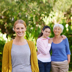 Image showing Nature, portrait and woman with kid and grandmother in outdoor park, field or garden together. Happy, smile and female person with girl child and senior mother in retirement in backyard in Canada.