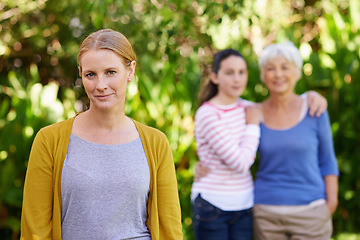 Image showing Nature, portrait and woman with child and grandmother in outdoor park, field or garden together. Happy, smile and female person with girl kid and senior mother in retirement in backyard in Canada.