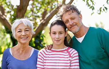 Image showing Portrait, grandparents or kid as family, visit or care to relax as happy, bonding or together. Man, woman or child as smile, sunshine or retirement in garden on morning summer day in San Francisco