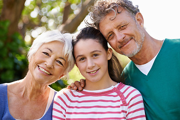 Image showing Portrait, grandparents or girl as family, support or care to relax as happy, bonding or together. Man, woman or child as smile, sunshine or retirement in garden on morning summer day in spring