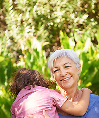 Image showing Outdoor, portrait and grandmother with child in park on holiday or vacation in retirement with support. Happy, senior woman or relax with kid in woods or forest with care for family in summer