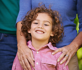 Image showing Portrait, child or hug to relax on family, visit or bonding together on spring afternoon in park. Boy, girl or kid in confident, embrace or smile on outing to grandmother in fun, care or fresh air