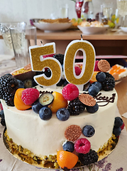 Image showing A 50th birthday cake with fruit