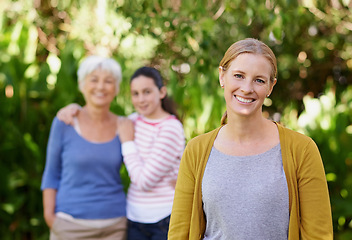 Image showing Nature, portrait and woman with teenager and grandmother in outdoor park, field or garden together. Happy, smile and female person with girl kid and senior mother in retirement in backyard in Canada.